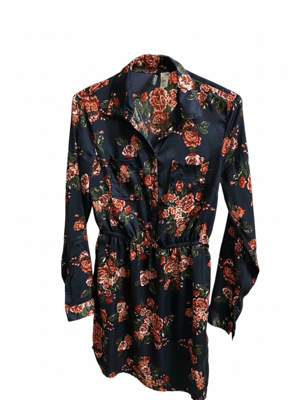 H&M Navy Floral Shirt Dress with Red Roses